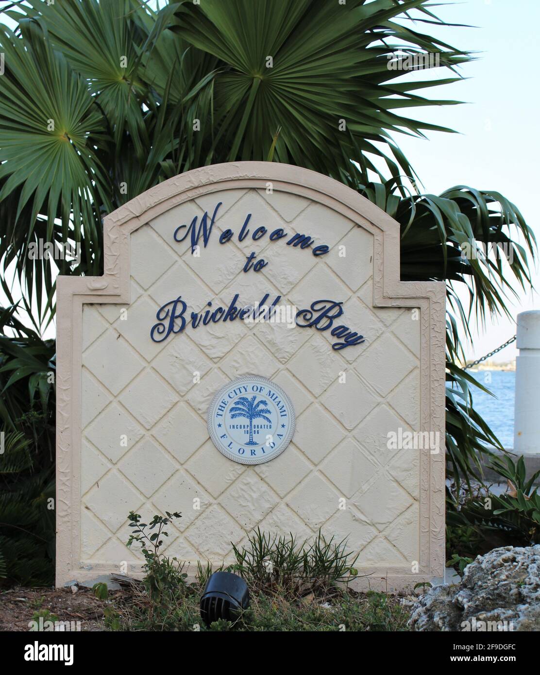 Sign welcoming people to Biscayne Bay in Brickell, Miami, Florida. Stock Photo
