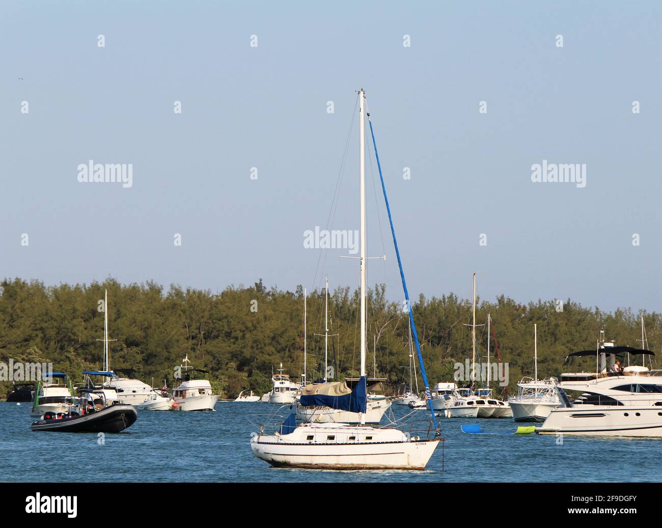 Sailboat and other boats parked  in Key Biscayne bay. Brickell Downtown cityscape in the background. Boats are passing by parking in the bay inlet Stock Photo
