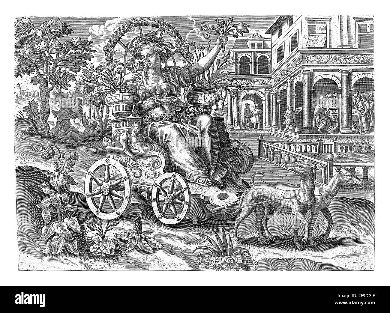 Personification of the smell in the guise of a young woman with flowers in her hands, seated on a carriage pulled by two greyhounds. Stock Photo