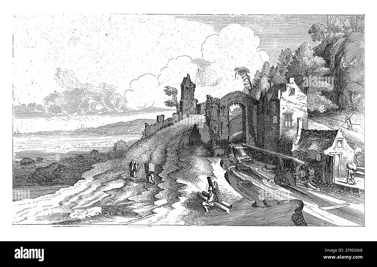 Mountainous coastal landscape with a watermill. Print from a series of eight with marines. Stock Photo