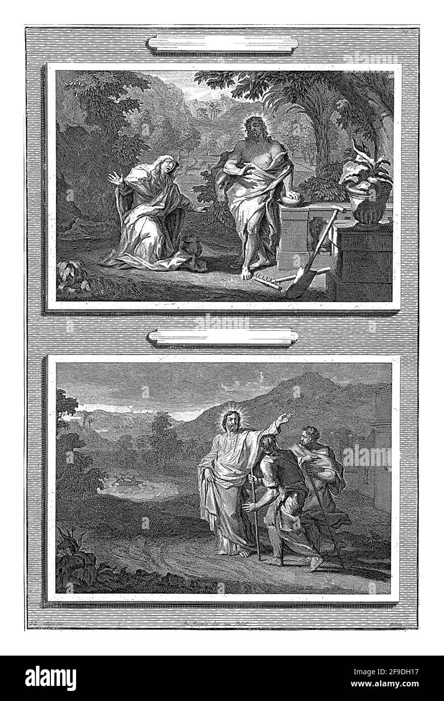 Two post-resurrection appearances of Christ. Upstairs he appears to Mary Magdalene, who kneels before him. Stock Photo
