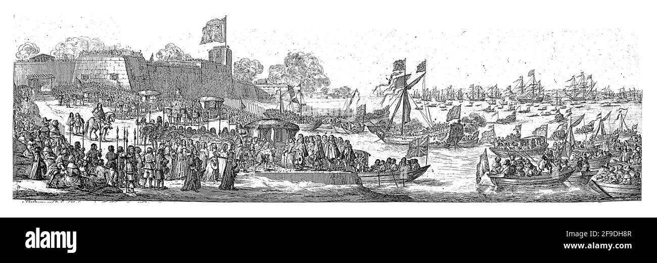 Queen Catherine of Braganza arrived at Portsmouth Harbor on May 25, 1662, accompanied by the Duke of York. Small and large ships on the water. Stock Photo
