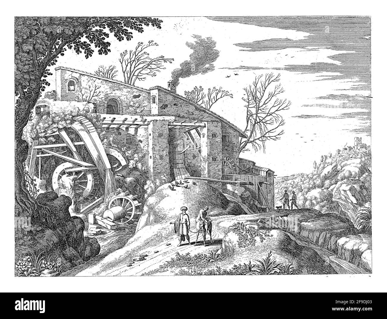 On the road in an Italian landscape, in front of a watermill, the Good Samaritan walks with the donkey by his hand, on which he transports the injured Stock Photo