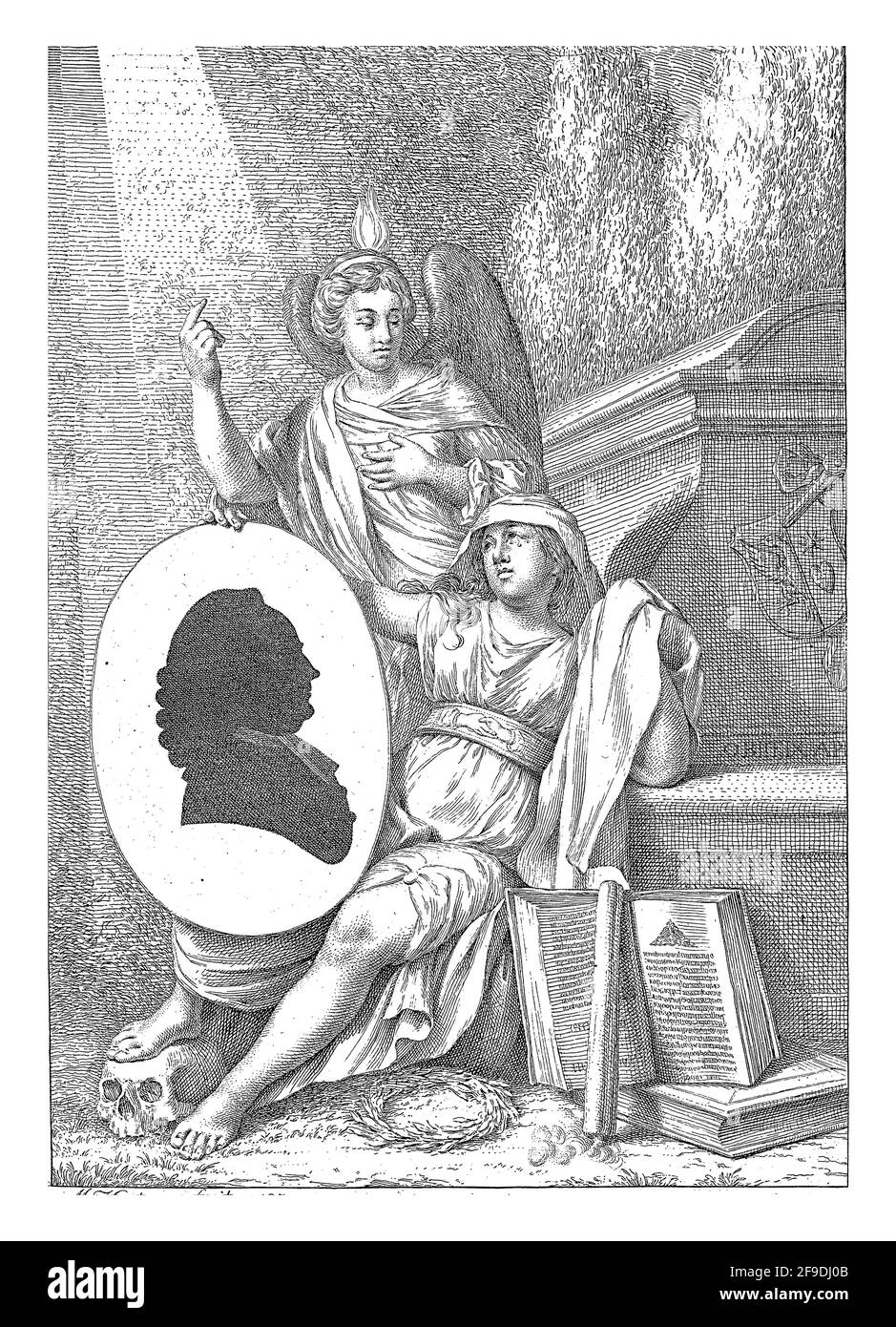 Two allegorical figures at a funerary monument. Godliness is personified by an angel with a flame on his head, who points to a ray of light Stock Photo