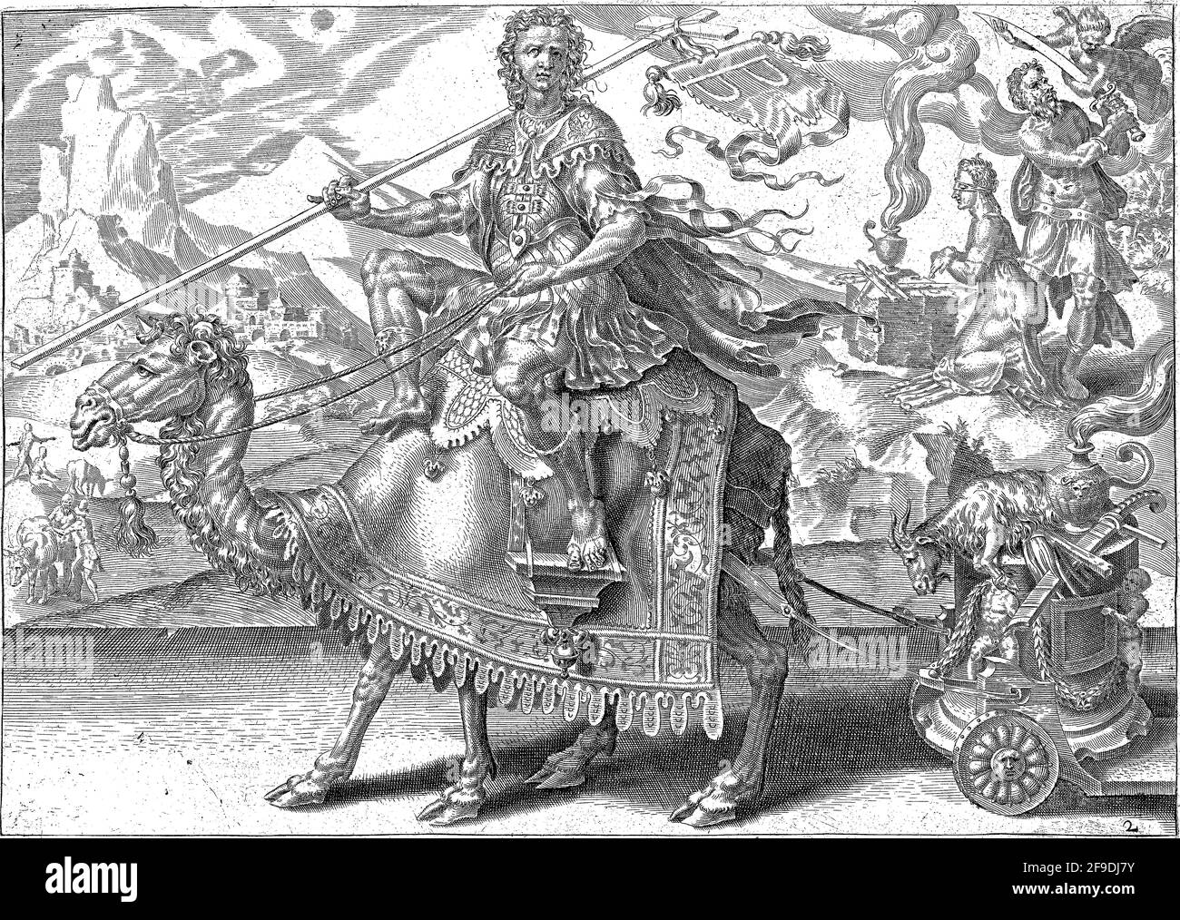 In the foreground Isaac riding a dromedary. In his right hand a cross with a banner. Two shackles on the banner as a sign of his voluntary patience Stock Photo