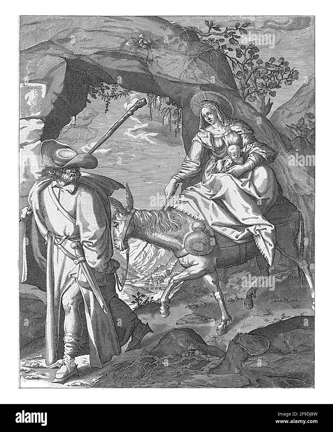 Rocky landscape with Mary riding the donkey with the Christ Child in her arms. Joseph leads the animal on the reins. In the margin a caption in Latin. Stock Photo