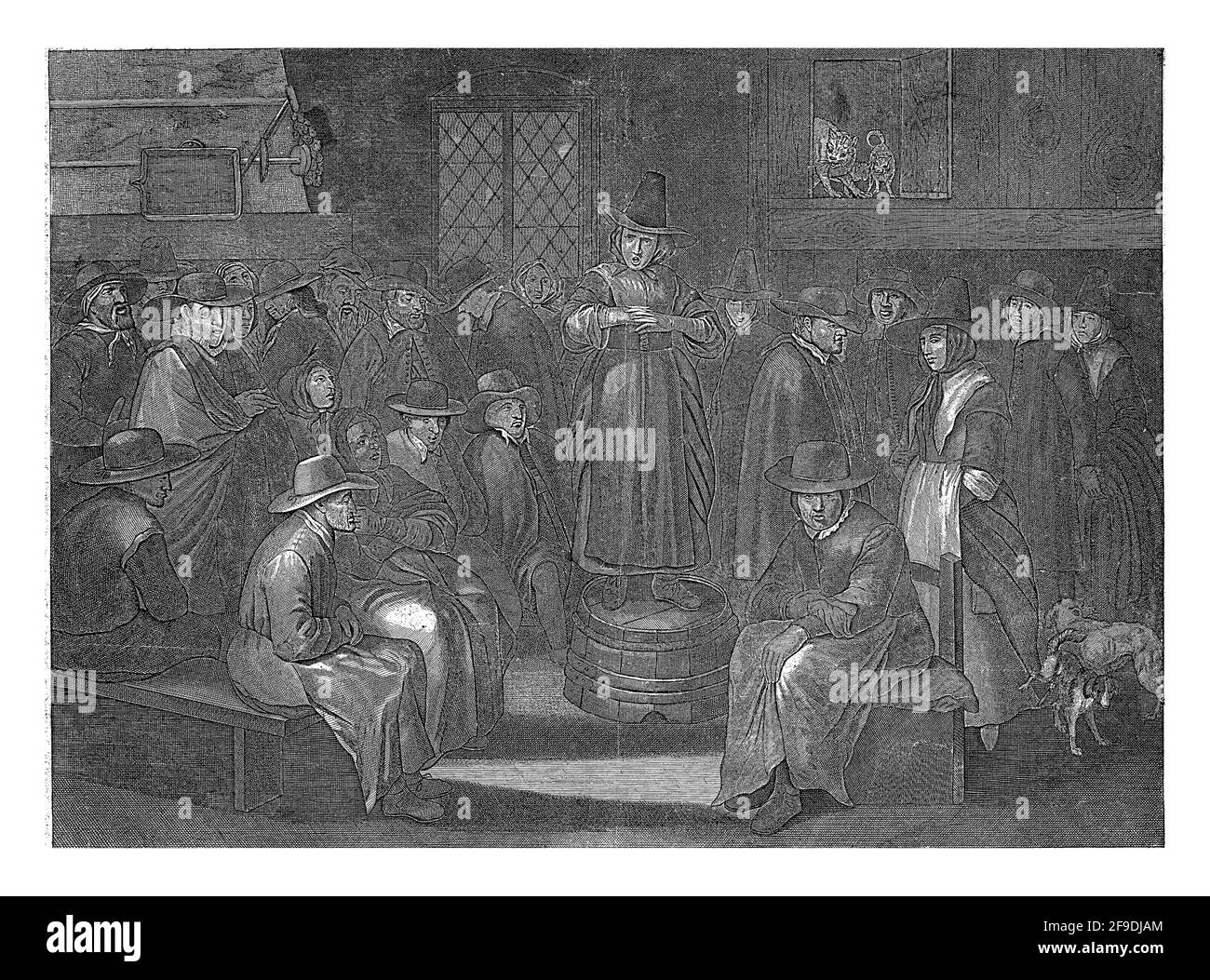 A group of Quakers in an interior. Some sit on benches and chairs