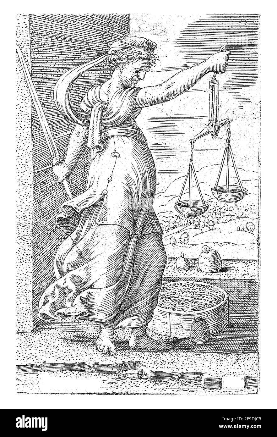 The personification of the virtue of Justice with the scales in one hand and the sword in the other. There are weights at her feet and on a wall. In t Stock Photo