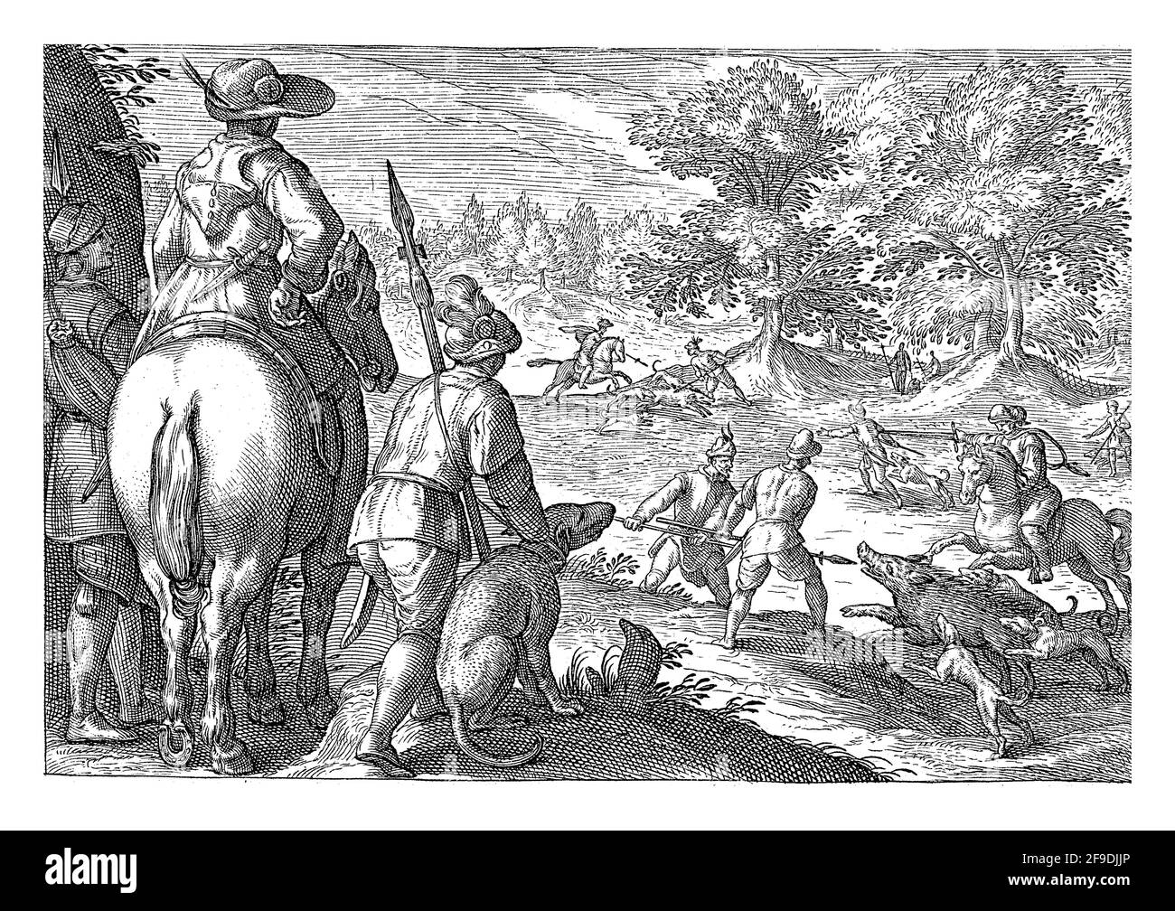 Hilly landscape with hunters and horsemen with spears hunting wild boars. In the left foreground, a rider, two men with spears and a dog, seen from th Stock Photo
