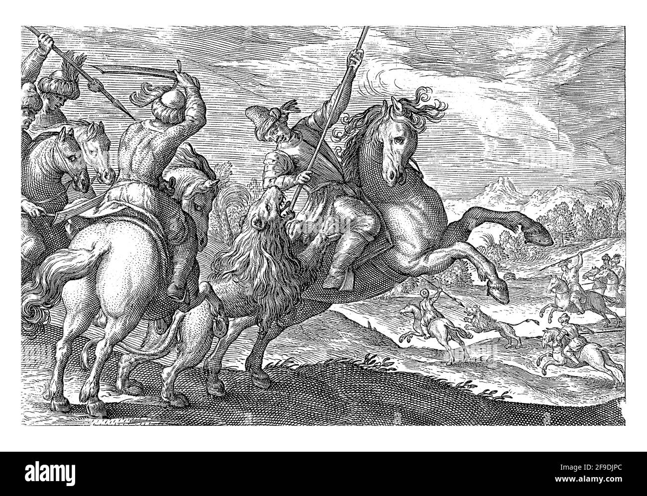 Landscape with four horsemen chasing a lion in the foreground. One of them has put his spear in the lion's mouth. In the background horsemen on a lion Stock Photo