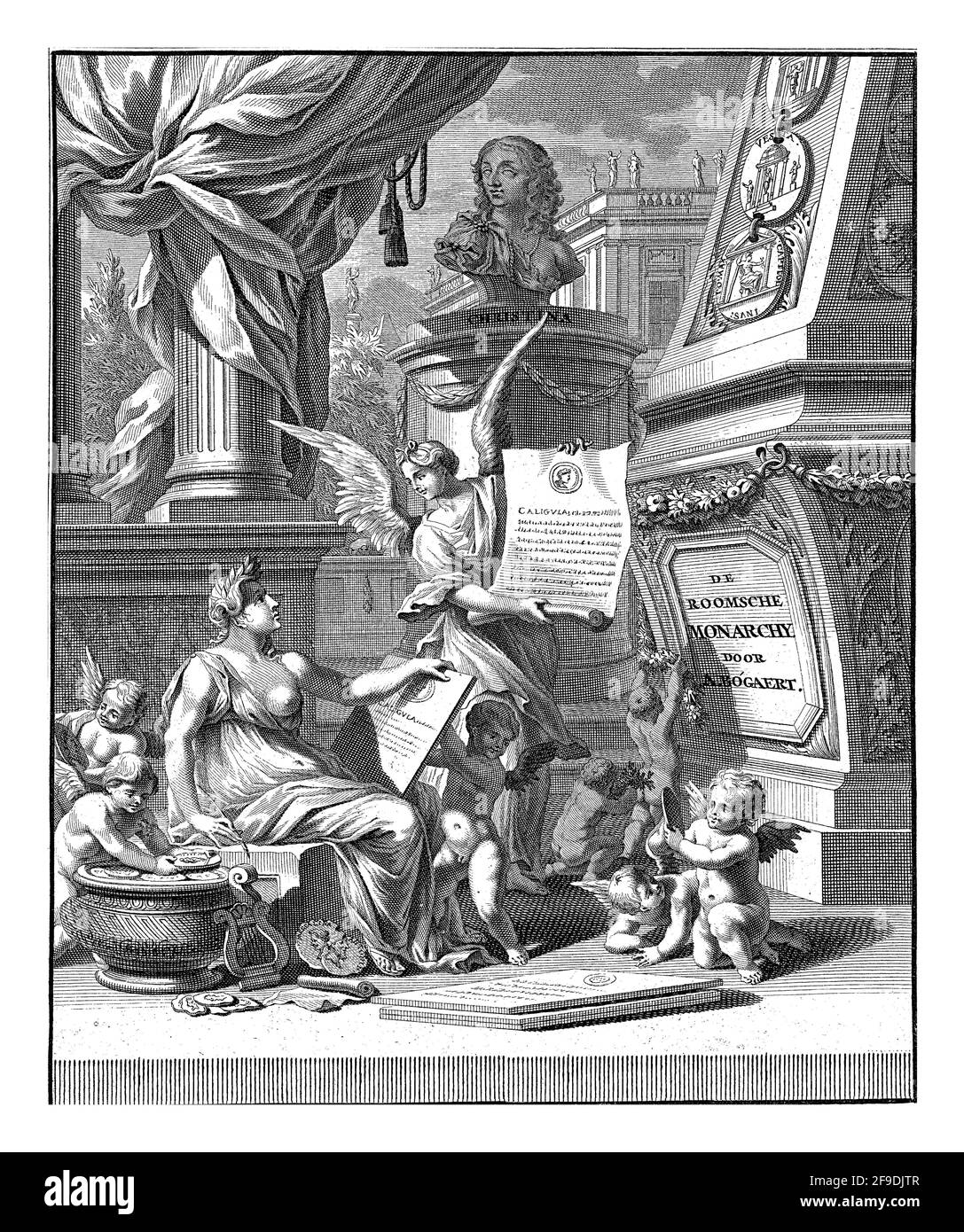 a-woman-writes-on-a-table-a-text-about-the-roman-emperor-caligula-putti-are-playing-around-her-in-the-background-is-a-statue-with-a-portrait-bust-of-2F9DJTR.jpg
