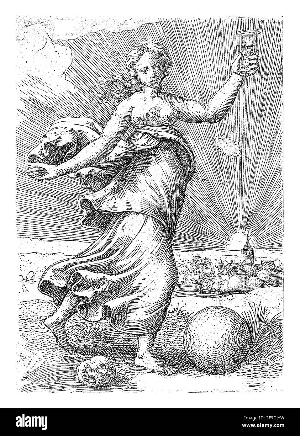 The personification of the virtue Temperance walks in a landscape with an hourglass in her hand. A globe and a skull lie at her feet. In the backgroun Stock Photo