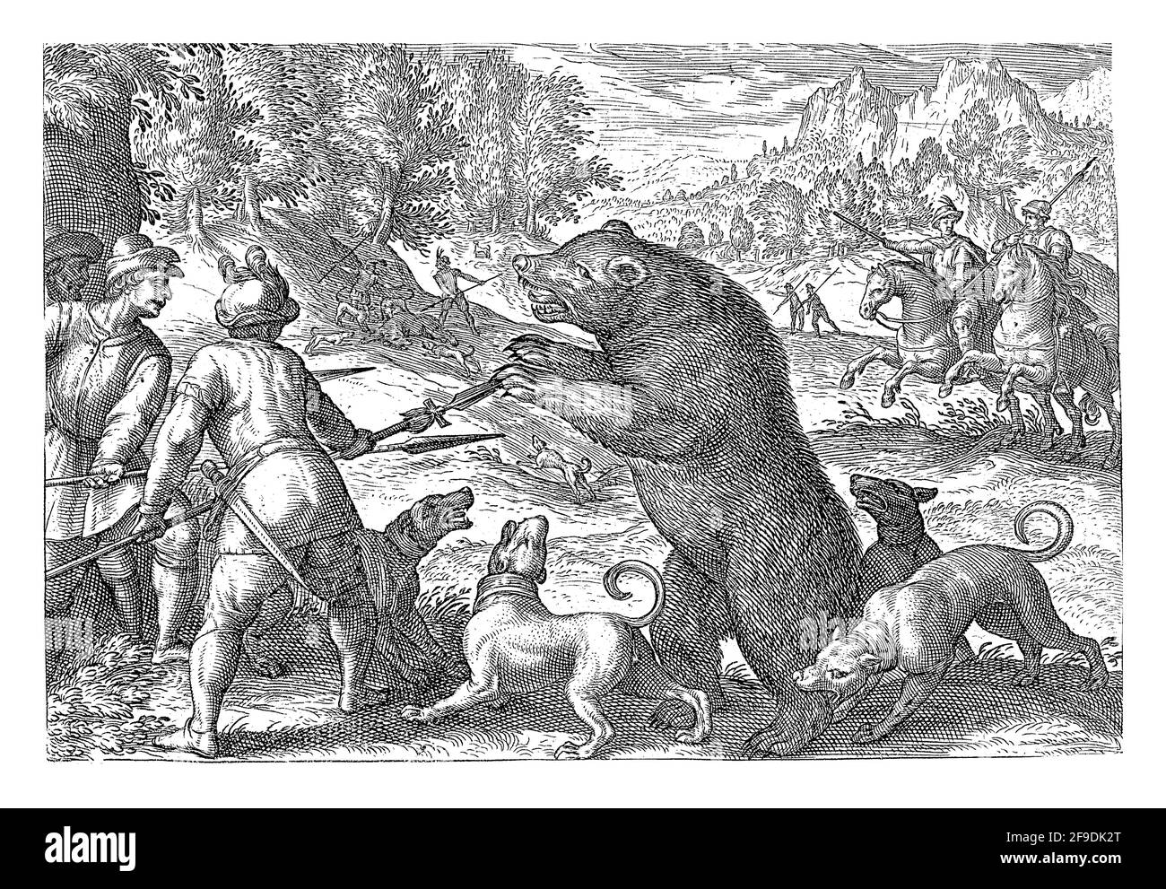 Landscape with three hunters and four dogs in the foreground chasing a bear. One of the dogs bites the bear's paw. In the background to the right two Stock Photo