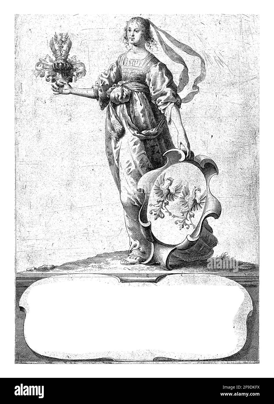 Woman standing with coat of arms with coat of arms of the Van Parijs van Zuidoort family and decorated helmet. Stock Photo