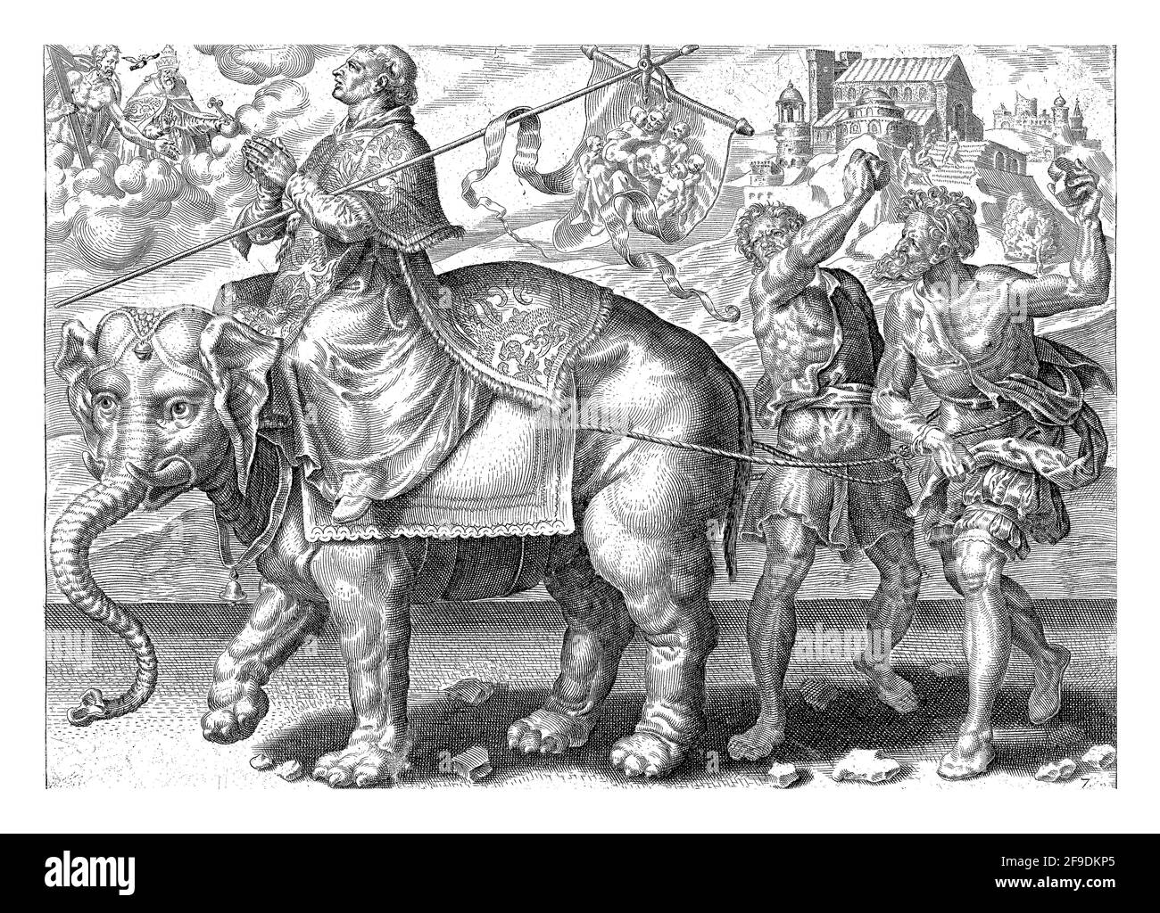 In the foreground, Saint Stephen riding an elephant. He prays to God in heaven. In his hands a cross with a banner. On the banner the personification Stock Photo