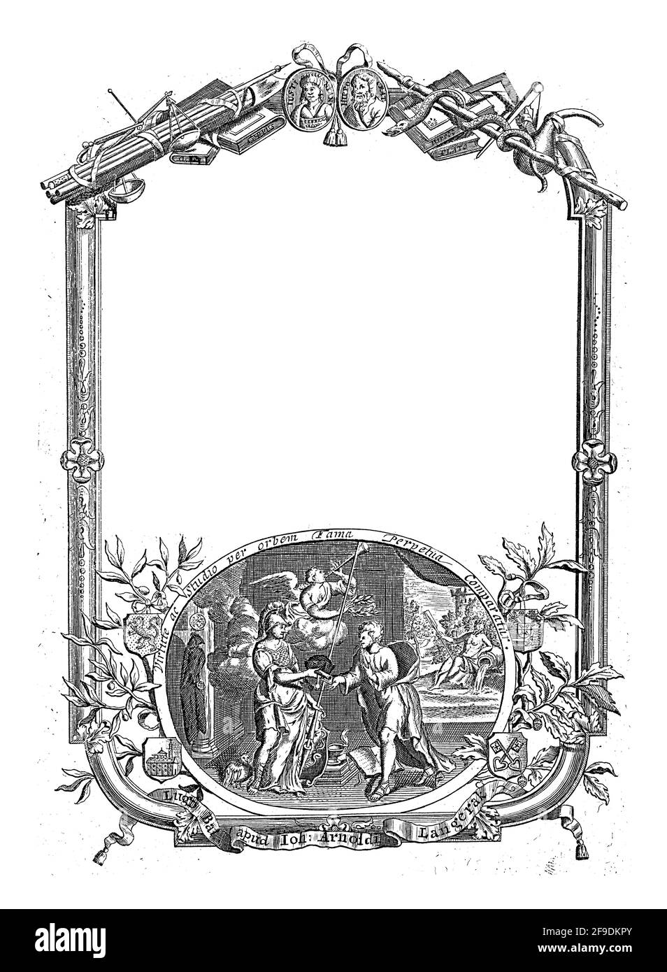 Printer's mark of the Leiden printer Johan Arnold Langerak, depicting Minerva who hands out a diploma with accompanying decorations to a young man. Stock Photo