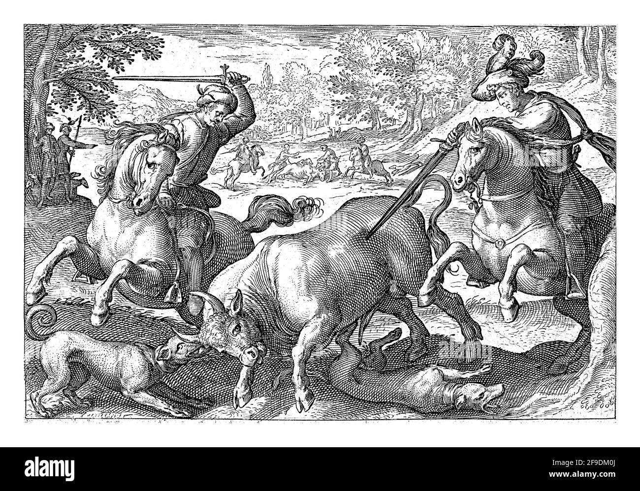 Landscape with in the foreground two horsemen with spears and two dogs chasing a bull. In the background several hunters and riders are hunting a bull Stock Photo