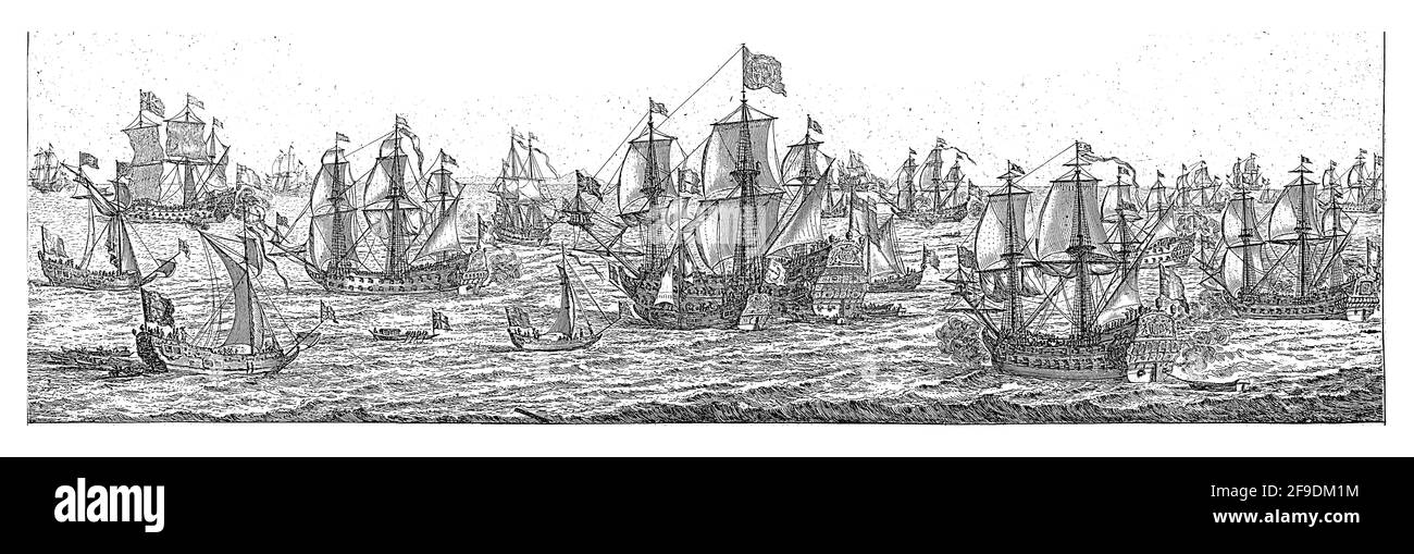 The ships of the Duke of York meet the ships of the English navy that bring and escort Catherine of Braganza to London in the English Channel. Stock Photo