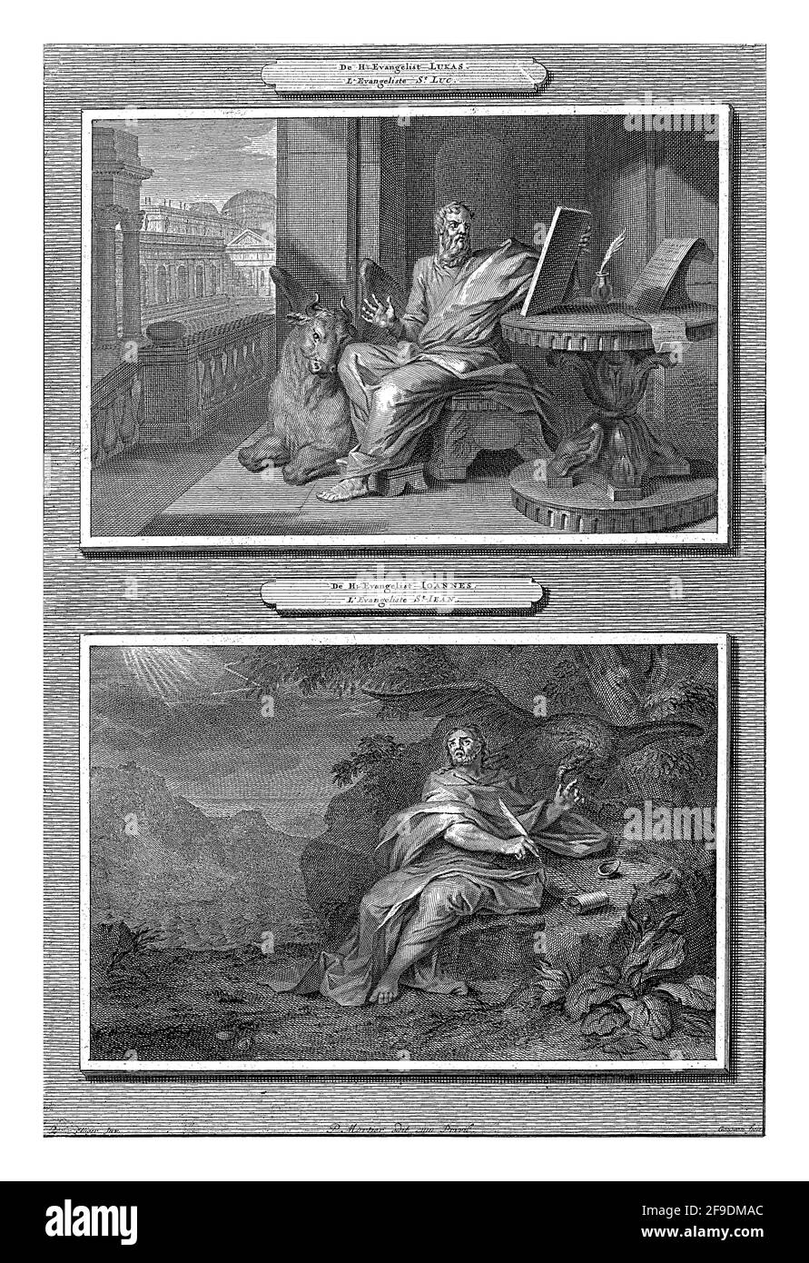 Two performances. Above: Luke the evangelist, sitting on a chair. Next to him his attribute, the winged bull. Stock Photo