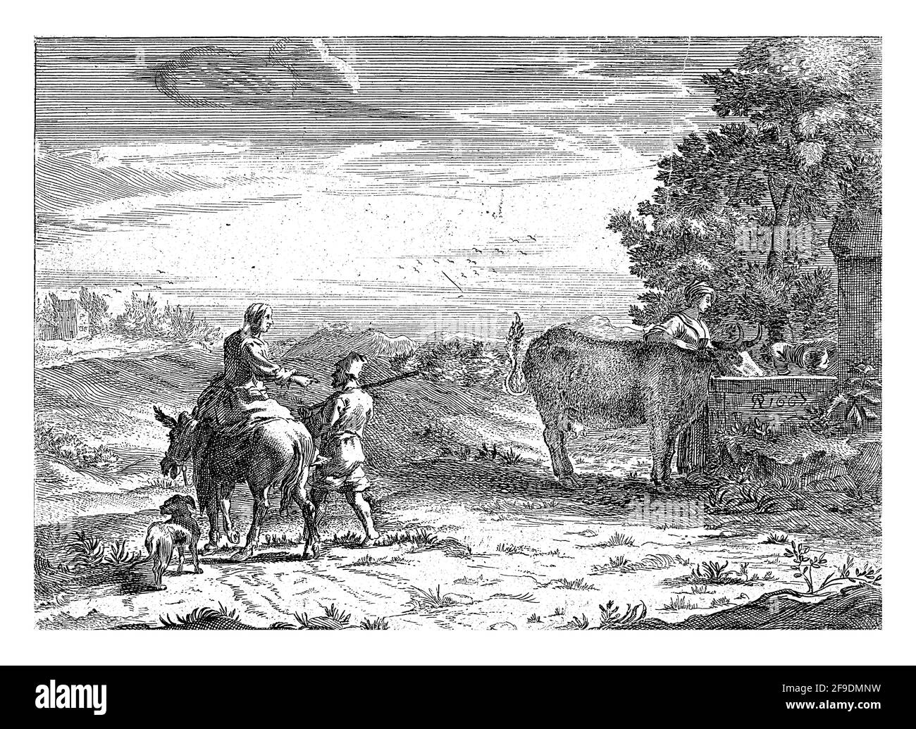 Landscape with a Woman Watering a Cow Stock Photo