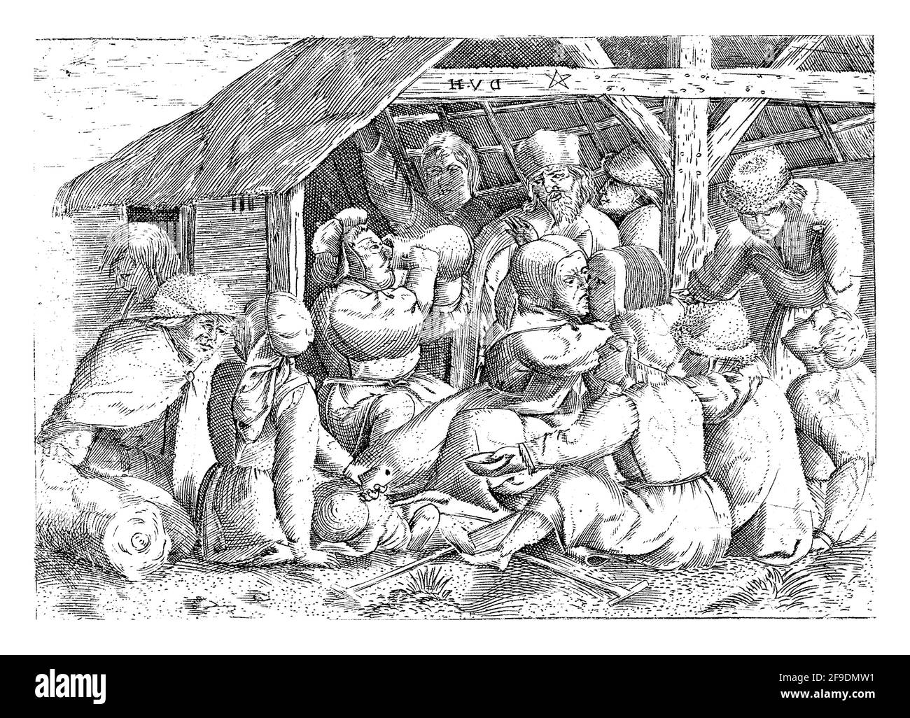 At a hut, beggars and cripples sit on the floor, watching figures eating and drinking. A fat man puts a pitcher to his mouth. In the middle a kissing Stock Photo