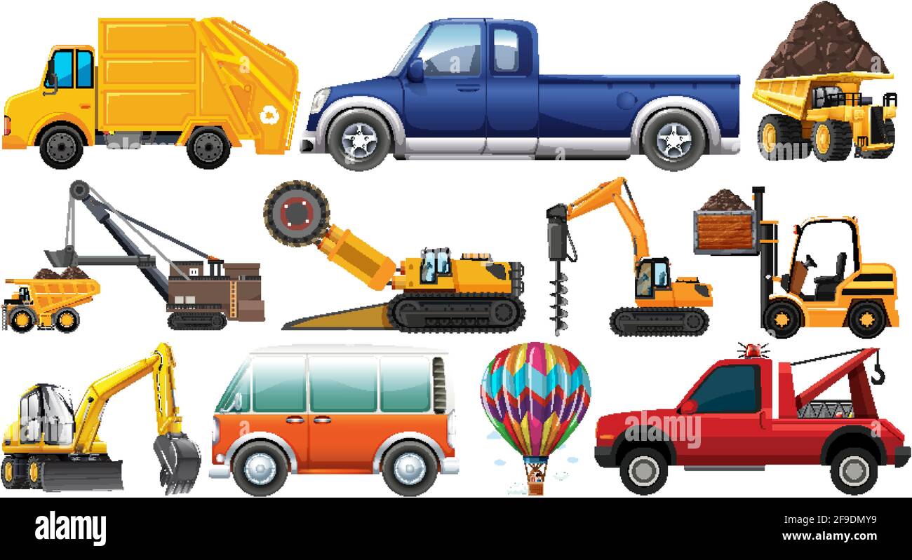 Set of different kind of cars and trucks isolated on white background ...