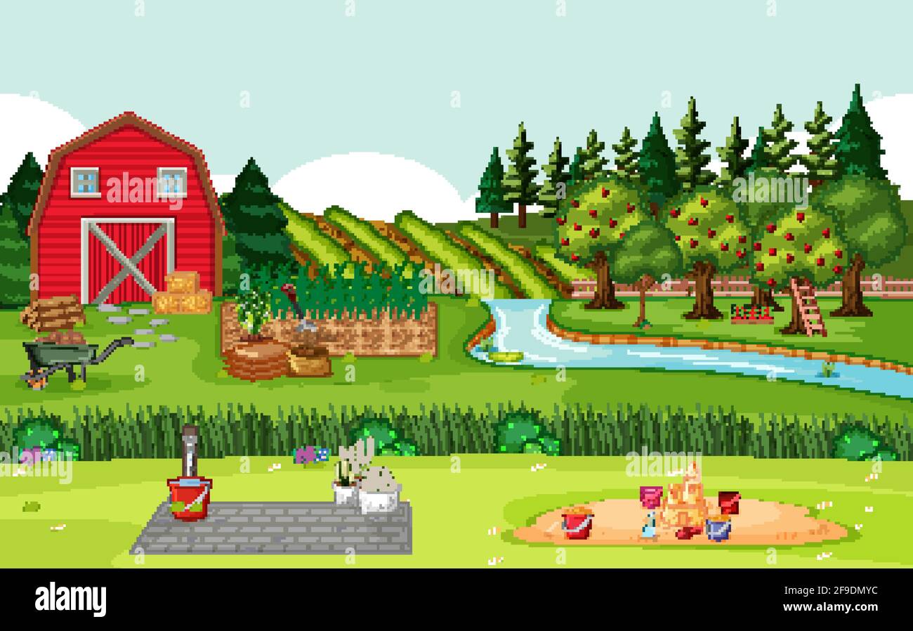 Farm scene with red barn in field landscape illustration Stock Vector ...