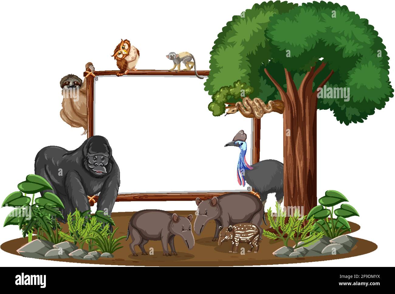 Empty banner with wild animals and rainforest trees on white background ...