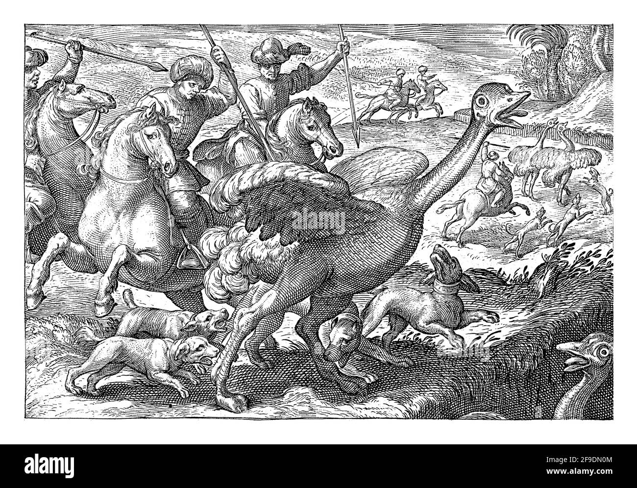 Landscape with in the foreground three horsemen with turban and spears and four dogs chasing an ostrich. One dog bites the ostrich's leg. In the foreg Stock Photo