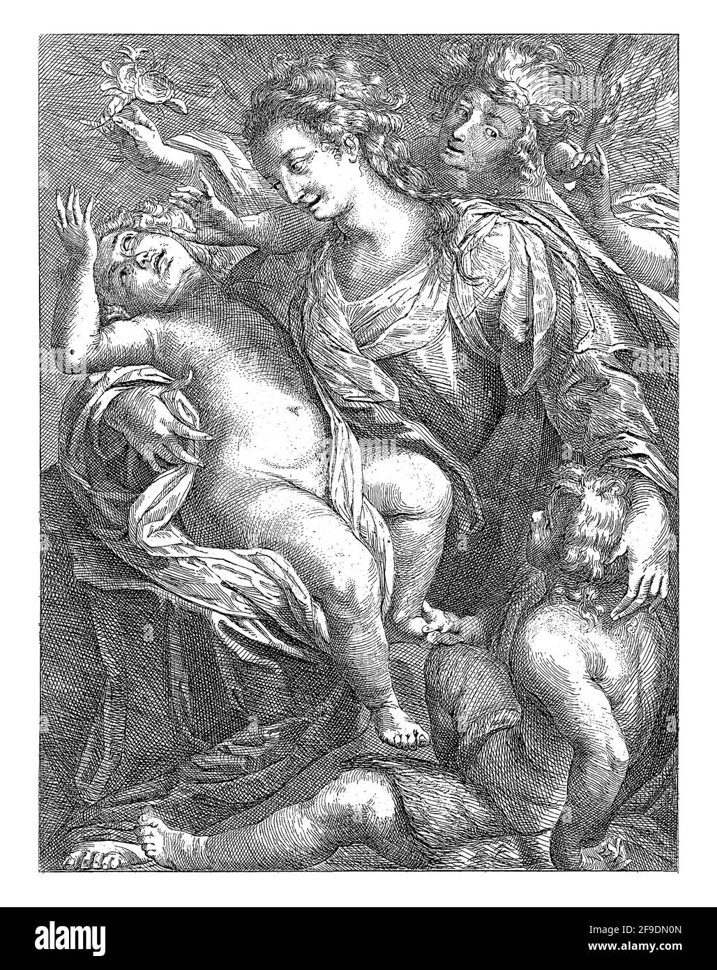 Mary sits and carries the Christ child in her arms. John the Baptist is sitting next to her. Both Christ and John are between three and five years old Stock Photo