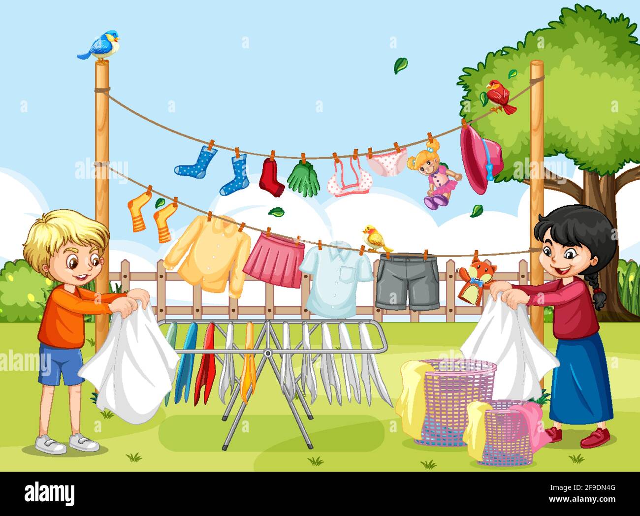 Outdoor scene with children hanging clothes on clotheslines illustration Stock Vector