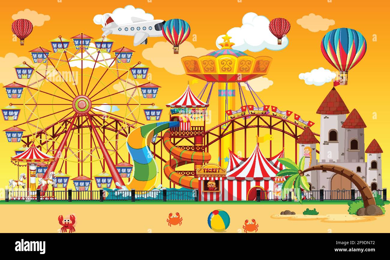 Amusement park scene at daytime with balloons in the sky illustration ...