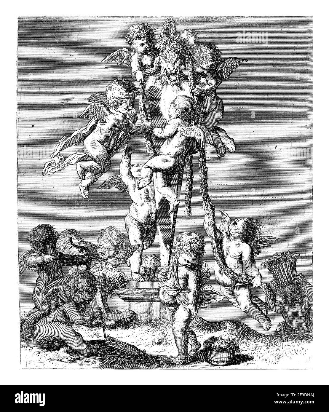 A herm is decorated by putti with a garland. On the column of the statue the inscription: Terra. Stock Photo