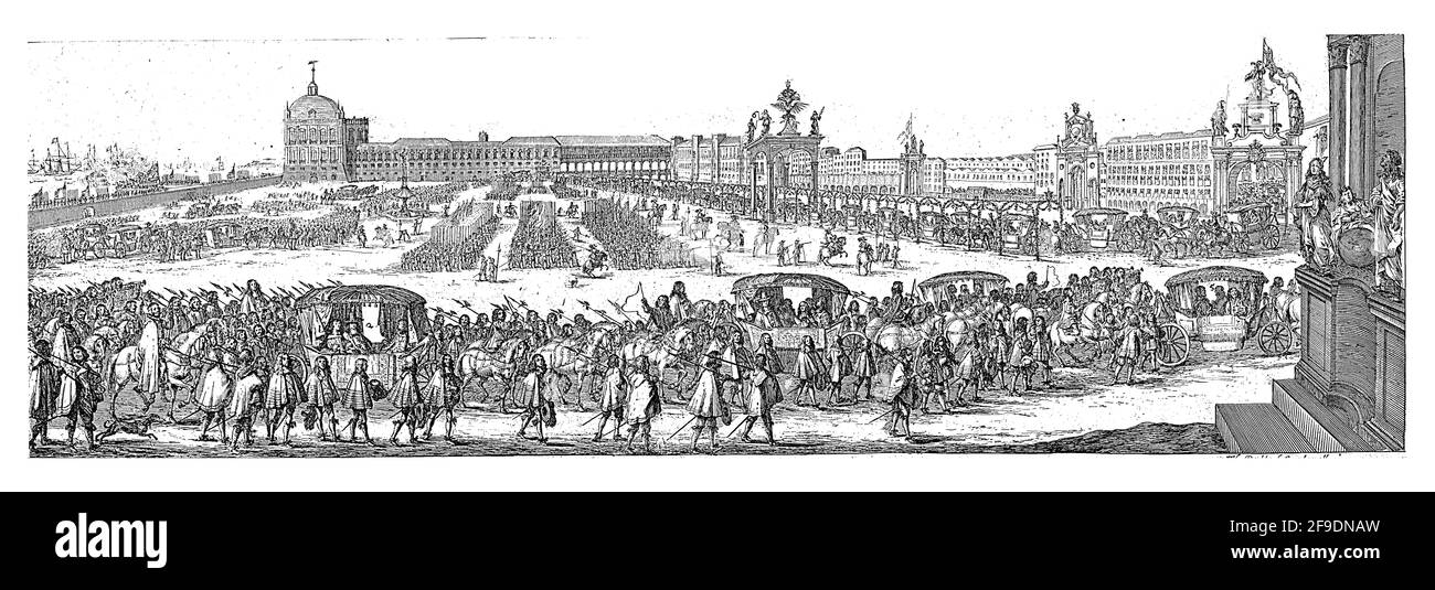 The parade in Lisbon prior to Catherine of Braganza's departure to England. In the background the royal palace, in the middle soldiers and spectators. Stock Photo