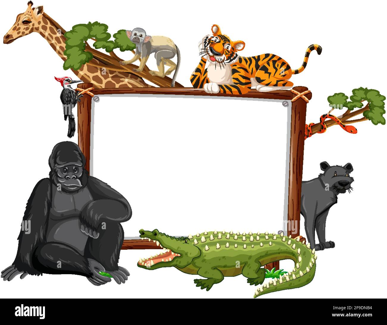 Empty banner with wild animals and rainforest trees on white background ...