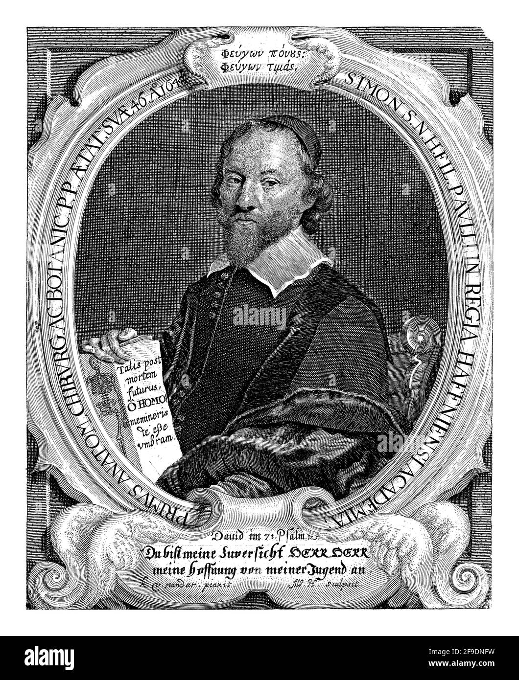Half-length portrait to the left of Simon Paulli, professor in Copenhagen, in an oval, holding a book on anatomy. Stock Photo