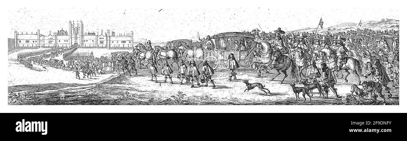 King Charles II of England and Queen Catherine of Braganza arrive in a carriage accompanied by a long procession of horses and carriages at Hampton Co Stock Photo