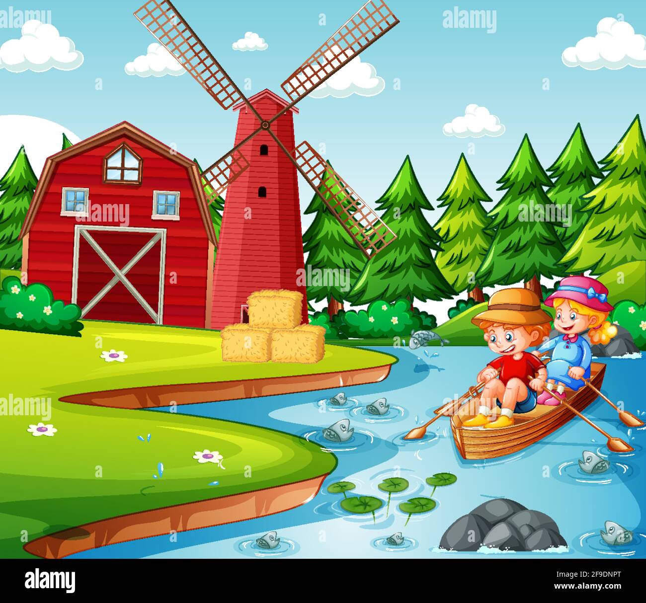 Two children row the boat in the river farm scene illustration Stock ...