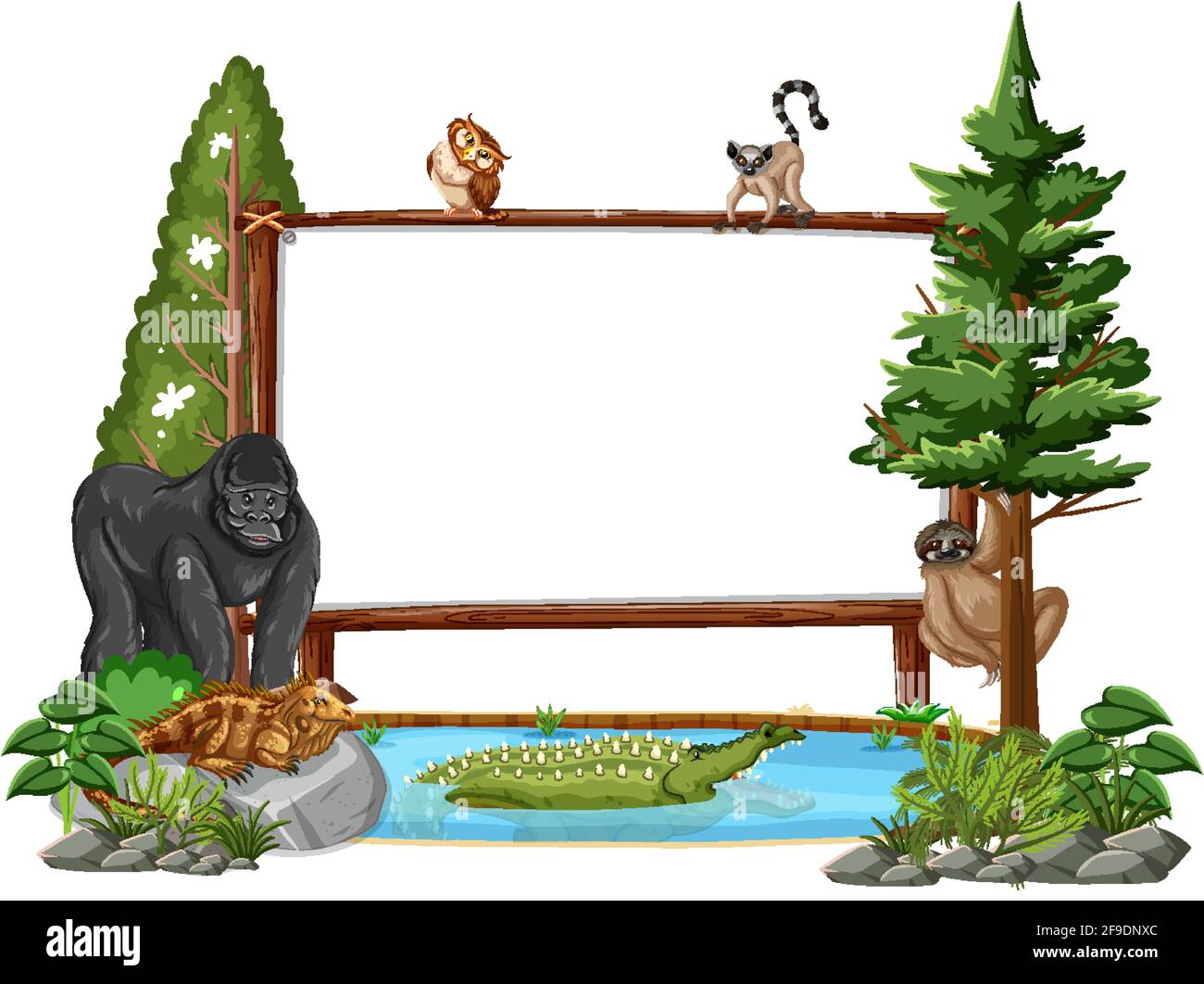 Empty banner with wild animals and rainforest trees on white background ...