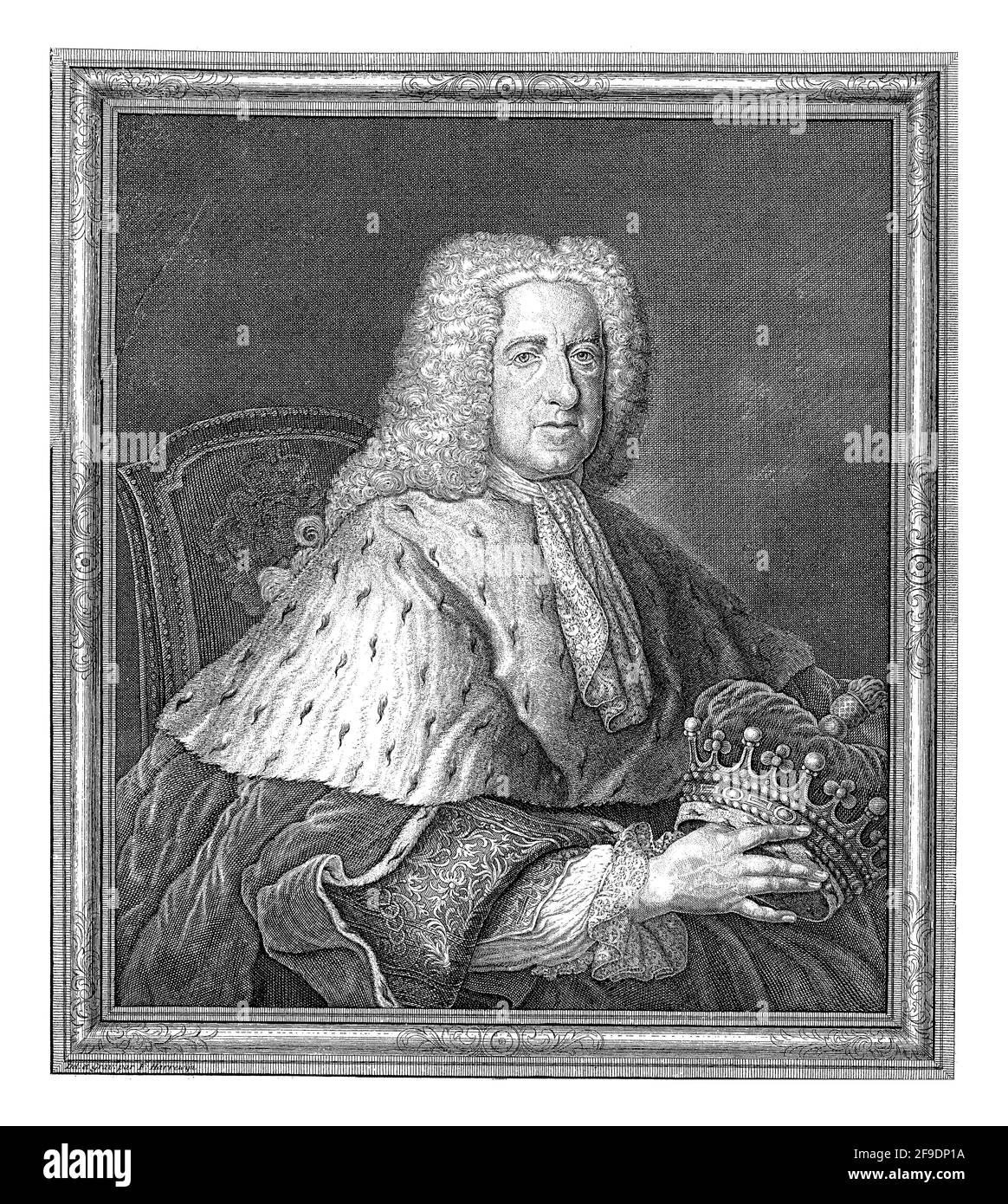 Half-length portrait to the right of Thomas Bruce, Earl of Ailesbury, sitting on a chair and holding a crown. Below the portrait a family crest and a Stock Photo