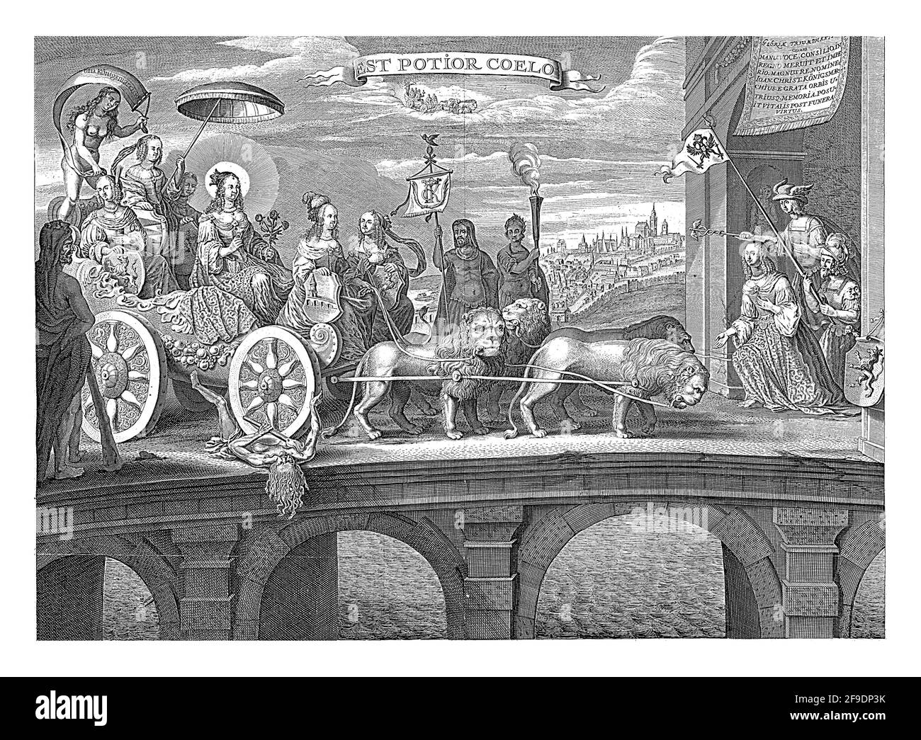 The carriage, pulled by four lions, passes over the personification of vices while Hercules watches. In and around the triumphal chariot Stock Photo