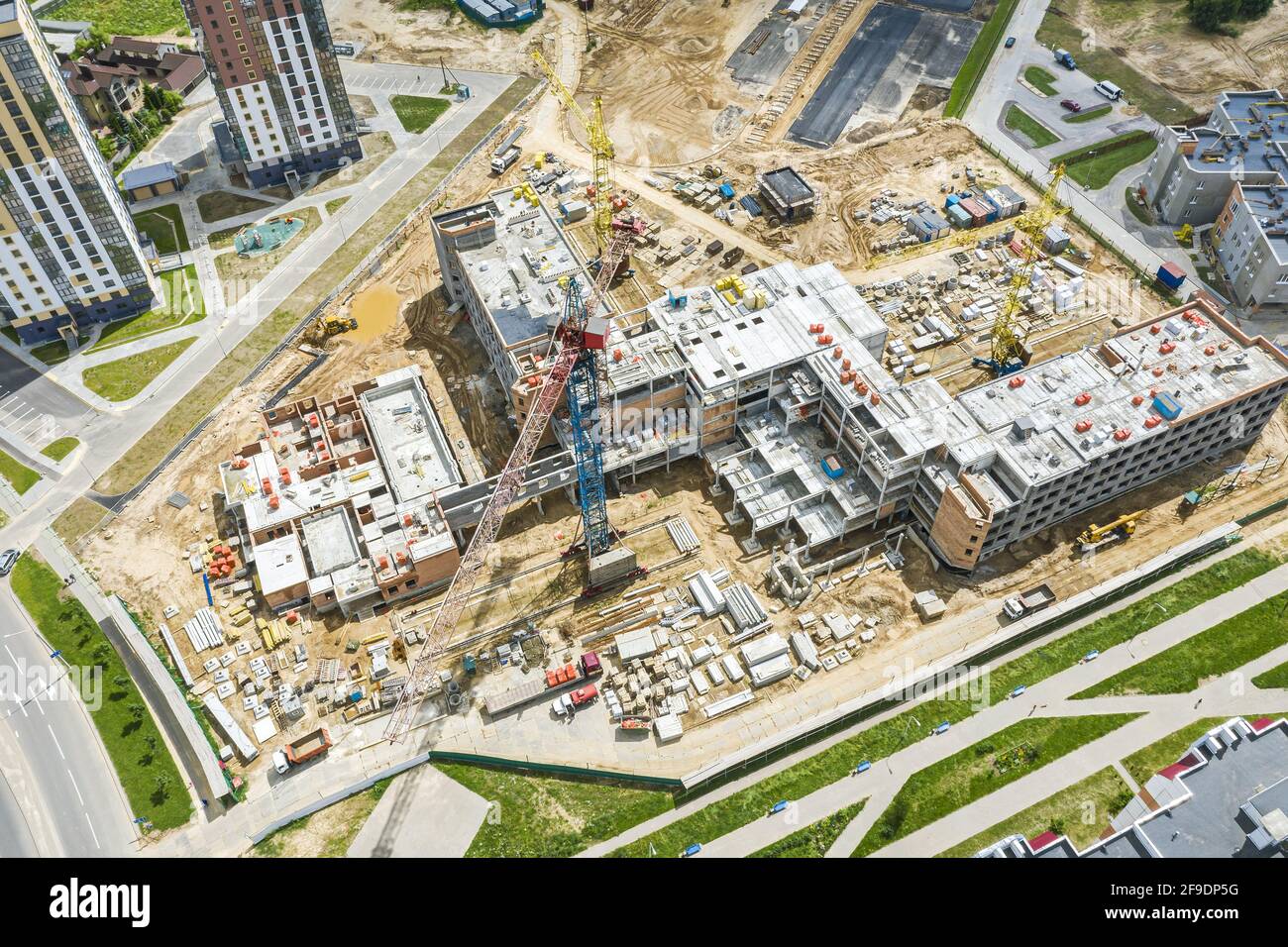construction of new building in a residential area. panoramic aerial view of large construction site. Stock Photo