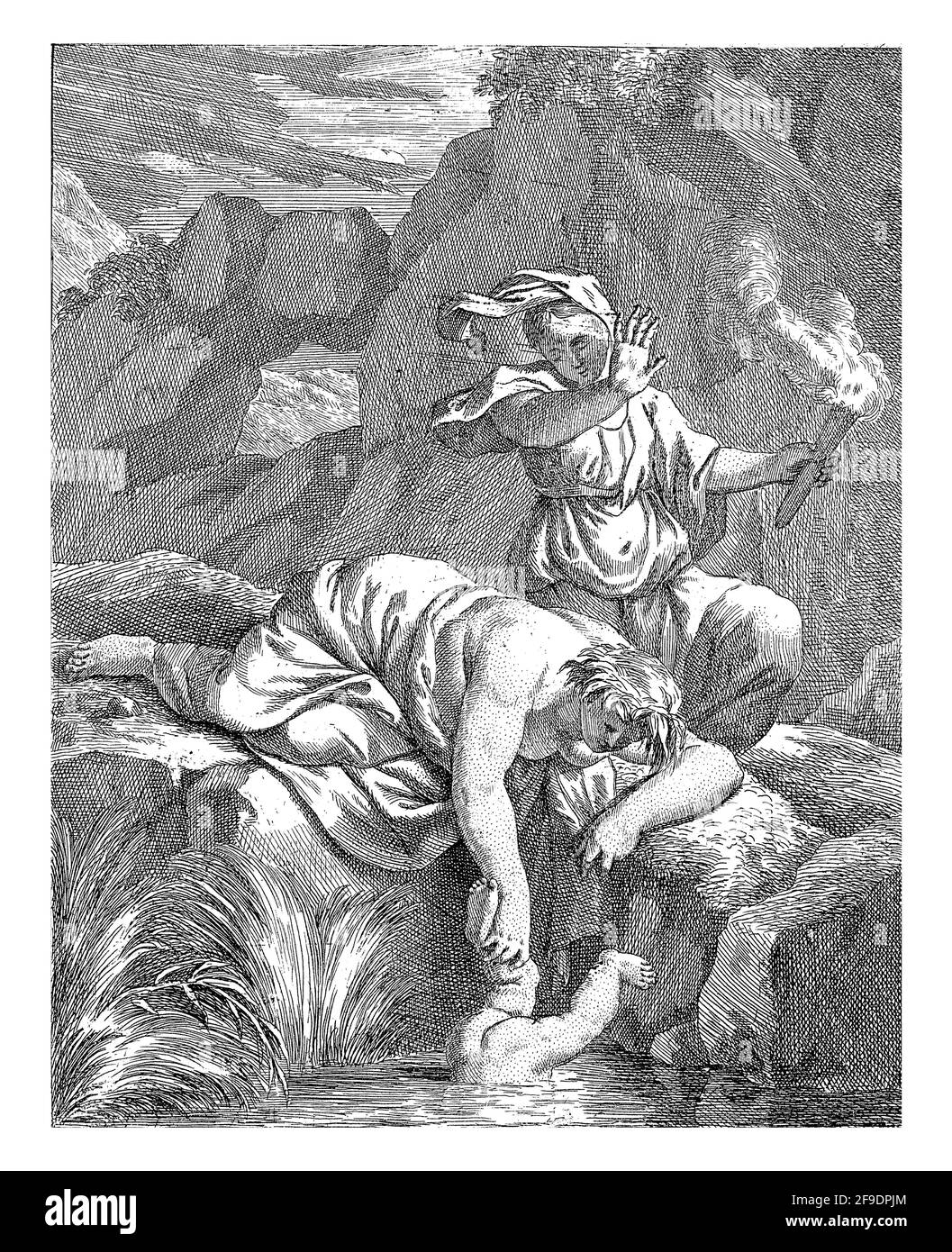 Rocky landscape with Thetis immersing Achilles in the Styx. Thetis is lying on a rock and behind her is a woman with a burning torch Stock Photo