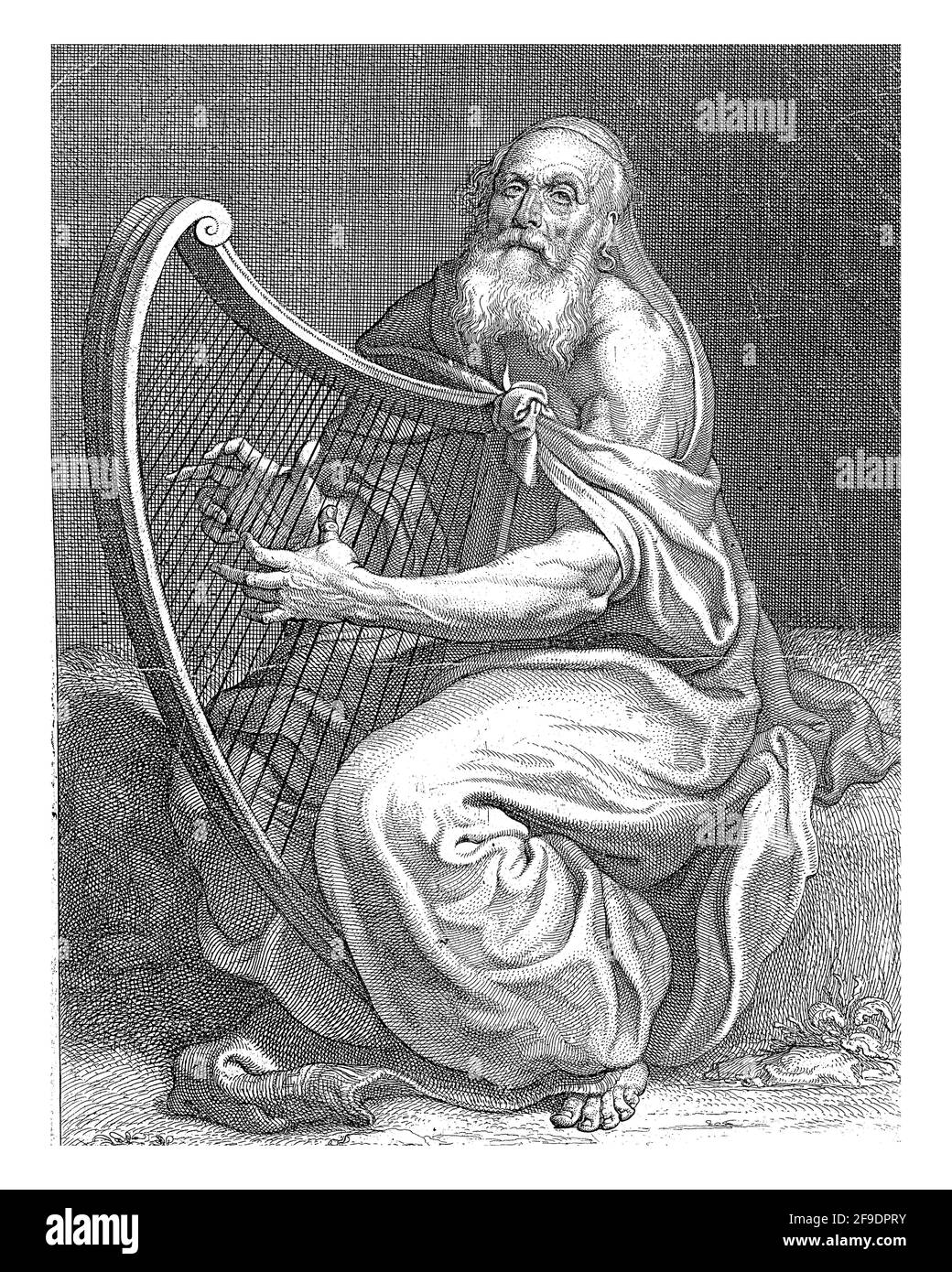 David plays the harp. At the bottom center, in the margin, the coat of arms of Louis Petit and a dedication to him in French. Stock Photo