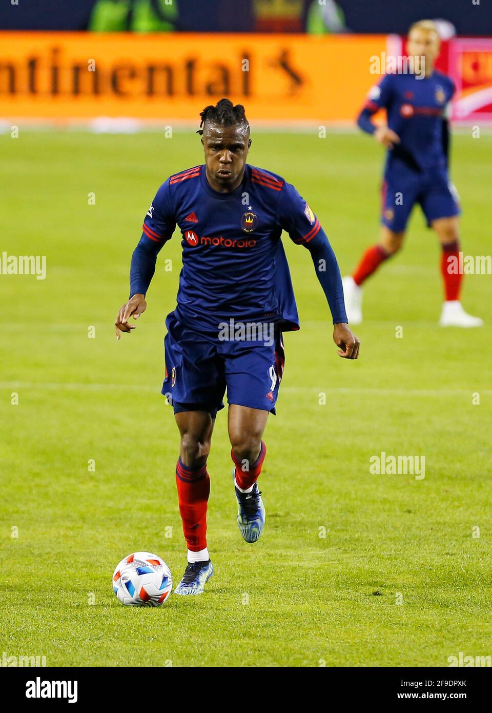 Chicago, USA, 17 April 2021. Major League Soccer (MLS) Chicago Fire FC forward Chinonso Offor (9) handles the ball against the New England Revolution at Soldier Field in Chicago, IL, USA. Match ended 2-2. Credit: Tony Gadomski / All Sport Imaging / Alamy Live News Stock Photo