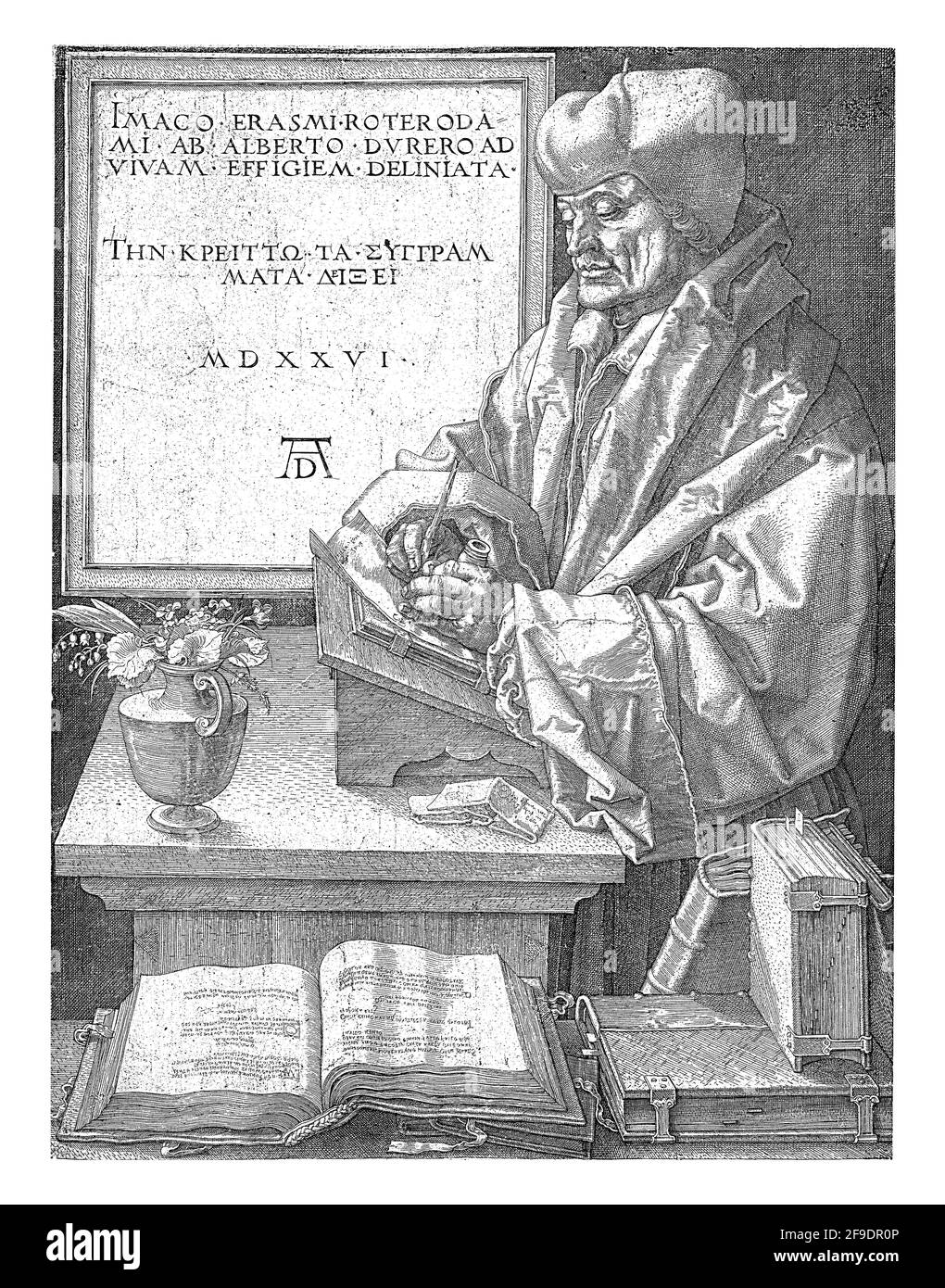 Portrait of Erasmus, writing, standing at a lectern near a table with a vase of flowers on it. Behind the table a tablet on the wall with Latin text. Stock Photo
