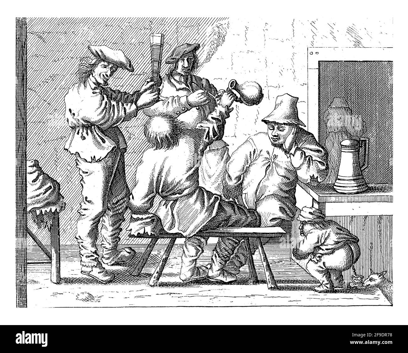 Interior with four farmers. The farmer on the left raises his glass, the farmer seen from behind raises his jug, the farmer in the back holds a pipe i Stock Photo