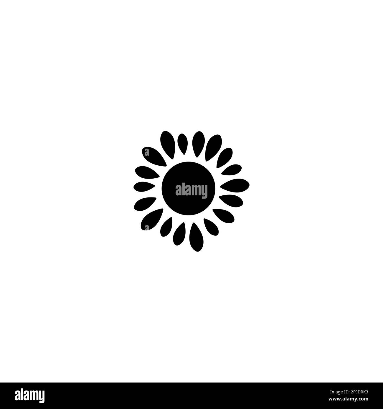 Black flat icon of sunflower. Bloom with big sharp petals and round core. Isolated on white. Vector illustration. Eco style. Nature flower symbol. Stock Vector
