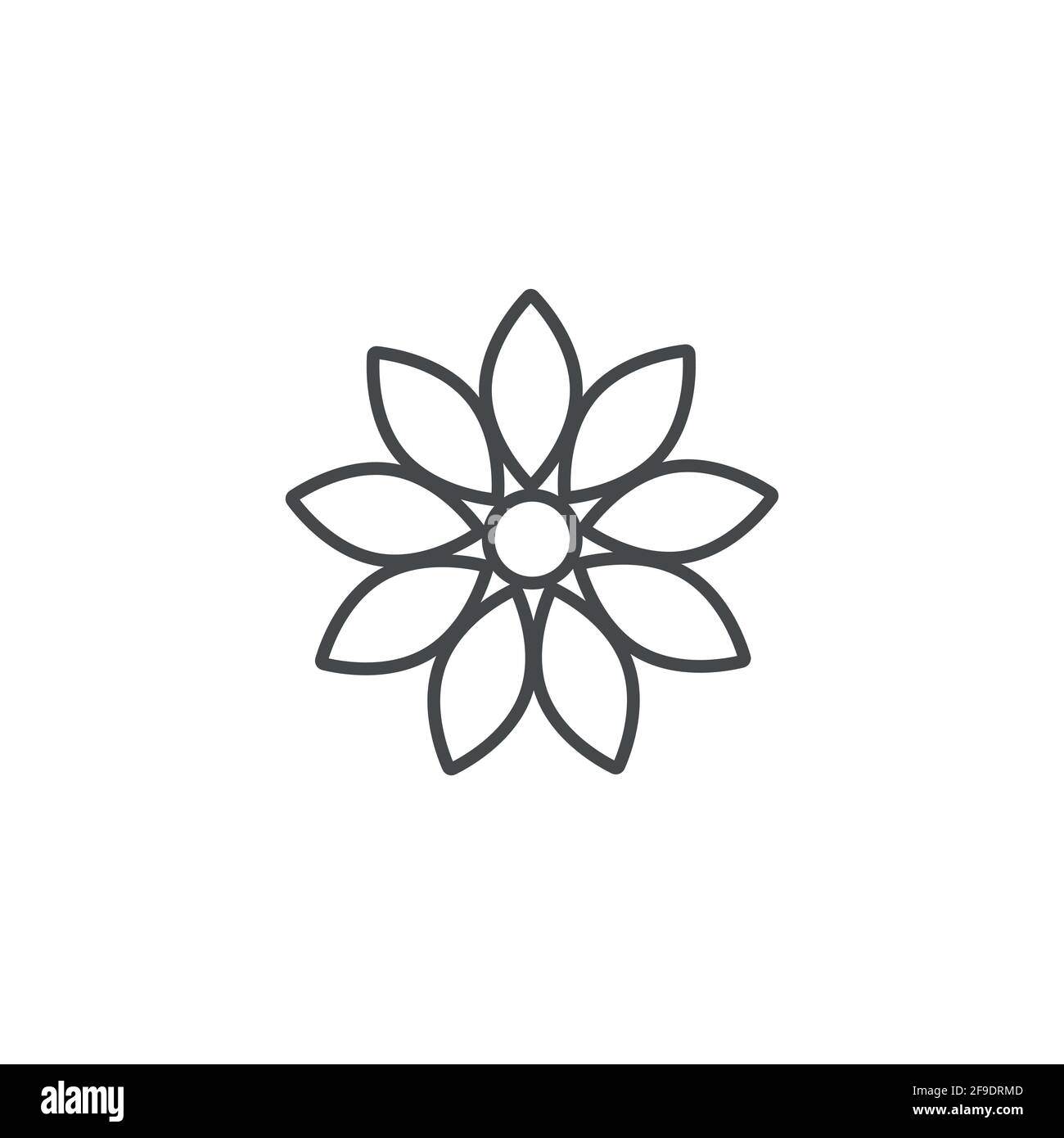 Black flat icon of sunflower. Bloom with big sharp petals and round core. Isolated on white. Vector illustration. Eco style. Nature flower symbol. Stock Vector