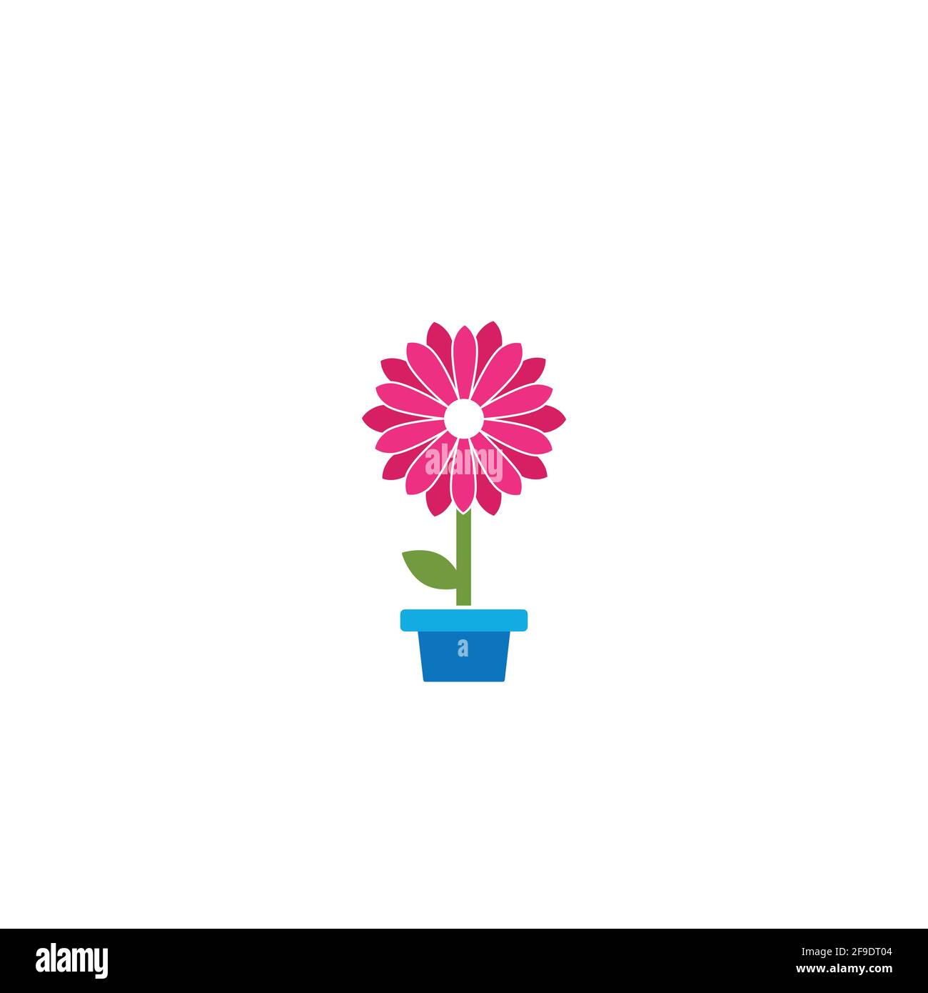 Black flat icon of pink chrysanthemum flower with sprig and leaf in blue pot. Big Bloom with big sharp petals and white core. Isolated on white. Vecto Stock Vector